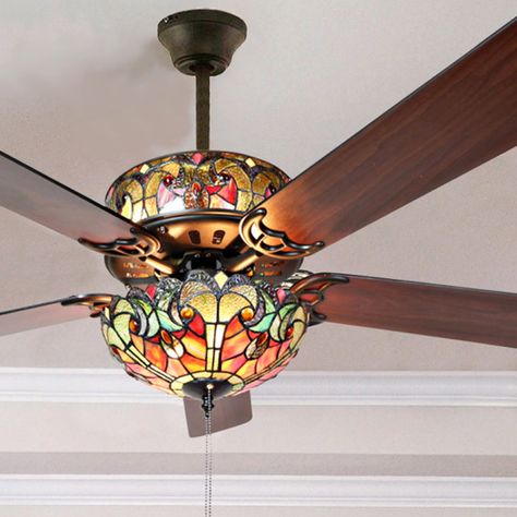 Stained Glass Ceiling, Tiffany Style Lighting, Stained Glass Light, Black Ceiling Fan, Led Ceiling Fan, Glass Light, Glass Ceiling, Tiffany Style, Pull Chain