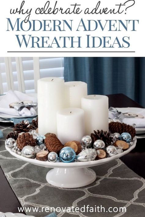 Modern Advent Wreath Ideas – Why Celebrate Advent? Whether for your home décor or church table decorations, here are some simple, homemade Advent wreaths. Whether, you are Catholic or Baptist, DIY these beautiful crafts with wood slices and ornaments to remember the real meaning of Christmas. #advent #christmasdecor Advent By Candlelight Table, Advent Wreath Ideas, Homemade Advent Wreath, Modern Advent Wreath, Church Table, Farmhouse Design Ideas, Advent Wreaths, Advent Diy, Beautiful Crafts