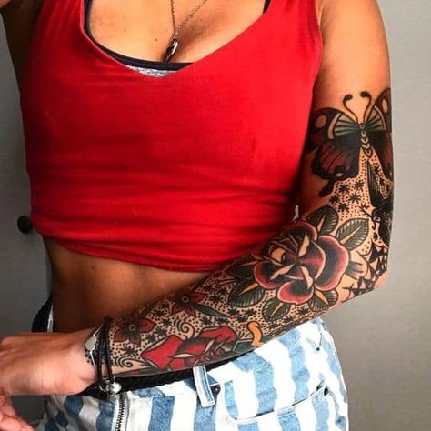 Old School Tattoo Sleeve, American Traditional Sleeve, Traditional Tattoo Inspiration, Tattoo Filler, Traditional Sleeve, Girls With Sleeve Tattoos, Tattoos Mandala, Traditional Tattoo Sleeve, Tattoos For Women Half Sleeve