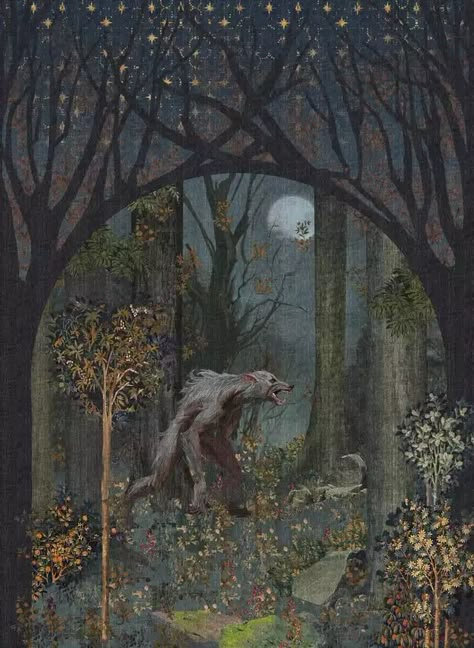 Creepy Fairytale Art, Telling Stories Art, Monsters In The Woods, Dark Fairytale Illustration, Dark Whimsy Aesthetic, Werewolf Illustration Character Design, Unseelie Aesthetic, Storybook Art Vintage, Dryad Aesthetic