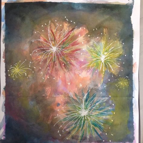 Fireworks with different pigments Watercolour, oil pastels, acrylic , correction fluid n isopropyl alcohol Oil Pastel Fireworks, Watercolour Fireworks, Watercolor Fireworks, Fireworks Painting, Color Wheel Art, Correction Fluid, Fireworks Art, Easy Cartoon, Disney Fireworks