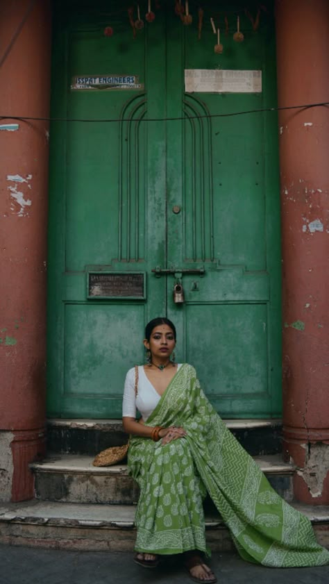 Embrace the freshness & vibrant allure of Katchi Kairy handblock mulmul Saree by @sainsistersofficial Save Big - up to 60% off in their… | Instagram Everyday Saree Look, Saree Street Photography, Indian Moodboard, Shop Mulmul, Kerala Aesthetic, Indian Poses, Gopi Dress, Tamil Saree, Street Style India