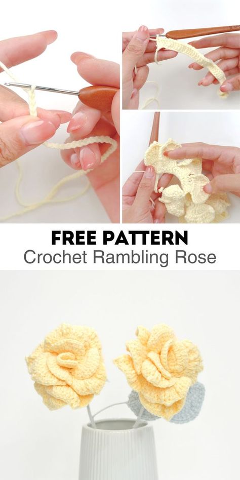 Learn to crochet a beautiful Rambling Rose with our free PDF pattern. This step-by-step guide is perfect for beginners, featuring clear instructions and helpful images. Crochet A Flower, Crochet Rose Pattern, Rambling Rose, Crochet Flowers Easy, Crochet Flowers Free Pattern, Crochet Bouquet, Crochet Plant, Crochet Design Pattern, Crochet Flower Tutorial