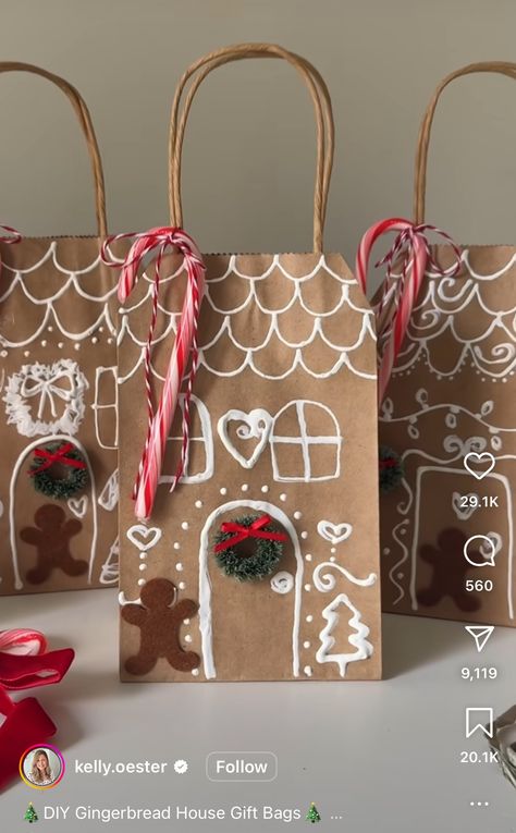 Decorative Bags Ideas, Small Christmas Gift Bags Diy, Gingerbread Money Gift, Diy Gingerbread House Gift Bag, Xmas Small Gift Ideas, Cute Christmas Gift Bag Ideas, Gingerbread Gift Bag Diy, Small Gift For Friends Christmas, Christmas Gift Bags For Friends