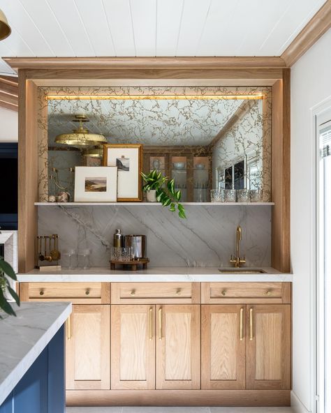 Nest & Needle Interiors | Let’s talk wet bar!! I love the simplistic elegance of adding a bar to a space. It feels immediately more elegant and special!! Are you… | Instagram Wet Bar Basement, Wet Bar Designs, Brick Room, Mediterranean Interior Design, Oak House, Dining Room Updates, Beverage Fridge, Mediterranean Interior, Kitchen Layout Plans