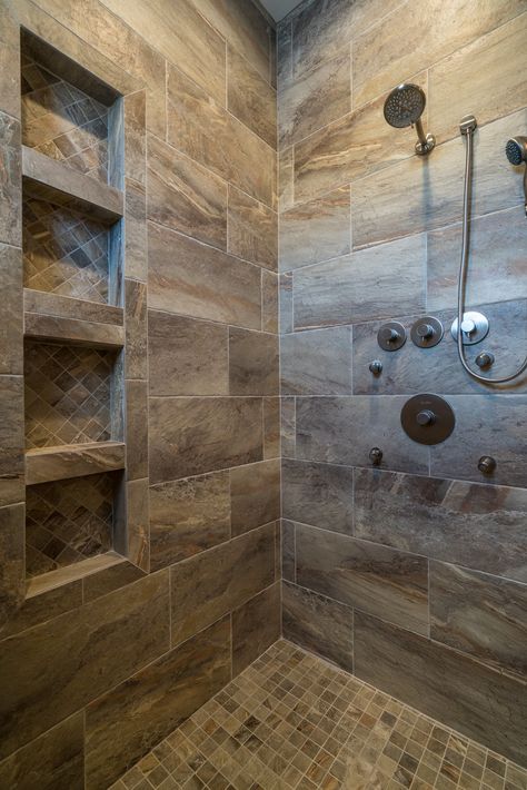 Litchfield Craftsman | Canton, OH #3331 | Wayne Homes | Flickr Custom Bathroom Shower Ideas, Rustic Shower Tiles Ideas, Log Cabin Tile Showers, Rustic Walk In Shower Ideas Tile, Shower Tile Rustic, Dark Walk In Shower Ideas, Natural Stone Shower Ideas, Big Showers Walk In Dream Bathrooms, Custom Showers Walk In