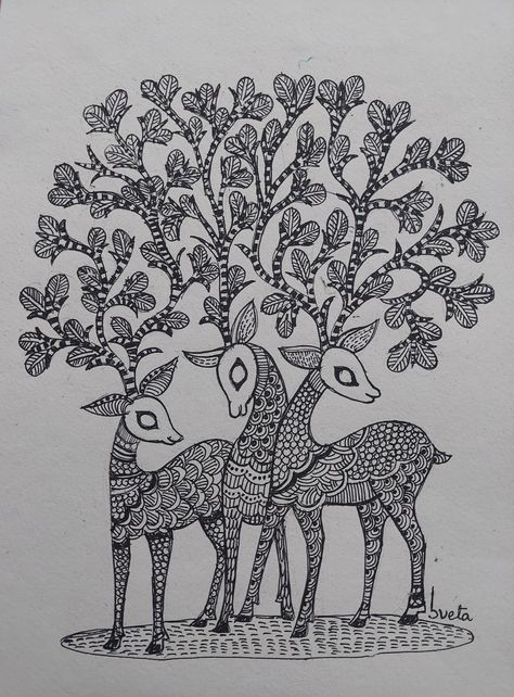 Gond Art Line Drawing, Gond Art Drawings, Gond Art Deer, Gond Art Black And White, Gond Painting Design, Gond Painting Folk Art, Mithila Art, Worli Painting, Gond Art