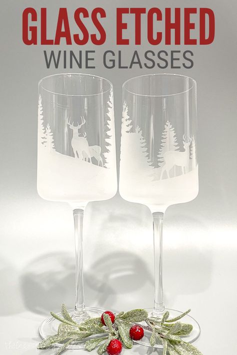 Etch wine glasses like the pros! Follow this step-by-step tutorial with Etchall and our free winter scene SVG to make beautiful gifts or keep them for yourself. Etched Wine Glass Ideas Cricut, Holiday Wine Glasses Diy, Etch Wine Glass Ideas, Etched Glass Ornaments Diy, Etched Glass Gift Ideas, Etched Glass Ideas Christmas Gifts, Etch Glass Ideas, Etched Christmas Glasses, Wine Glasses Diy Ideas