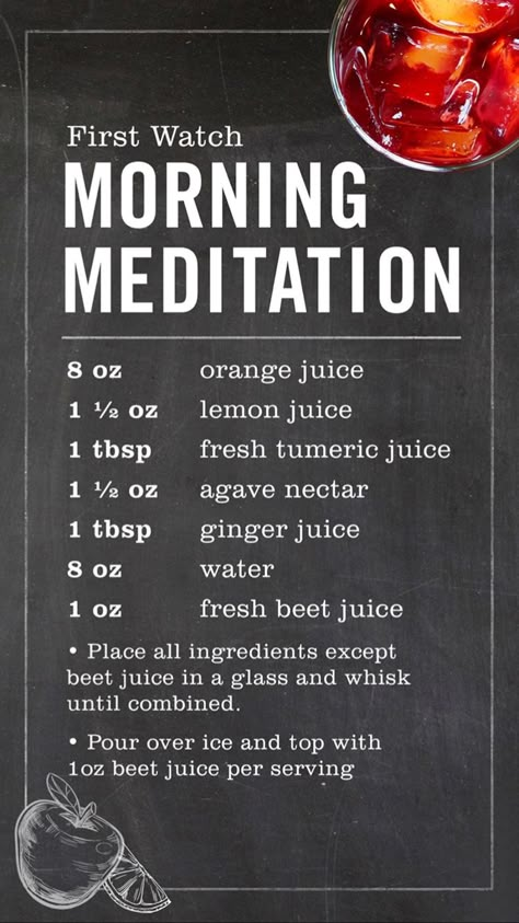 Morning Meditation Juice First Watch, Morning Meditation First Watch Recipe, Morning Meditation Drink First Watch, First Watch Morning Meditation Recipe, Happy Juice Recipe, Morning Meditation Drink, Cold Pressed Juice Recipes, Morning Juice Recipe, Juice Shots