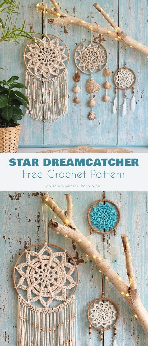 Crochet Wall Hanger Free Patterns Crochet Dreamcatcher Pattern Free, Star Dream Catcher, Crochet Dreamcatcher Pattern, Dream Catcher Patterns, Crochet Wall Art, Crochet Dreamcatcher, Crochet Dog Patterns, Crochet Mandala Pattern, Crochet Wall Hangings