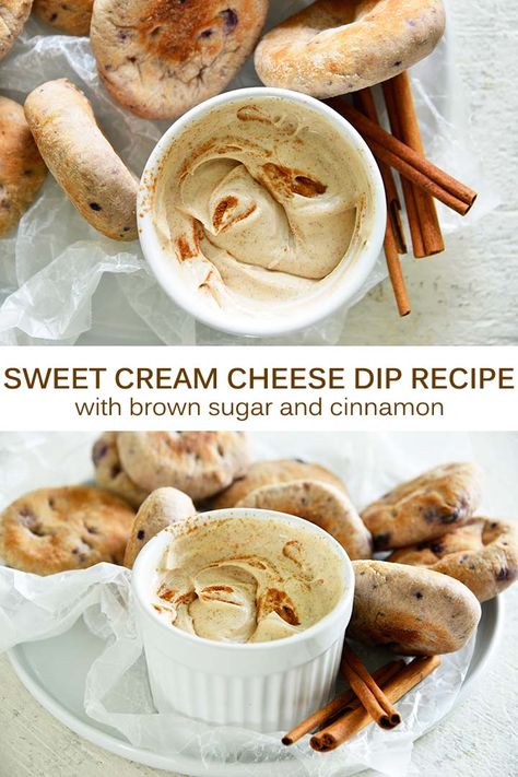 When it comes to simple and convenient snacking, this velvety smooth, sweetly spiced 5-minute, 5-ingredient Brown Sugar Cinnamon Sweet Cream Cheese Dip is perfect, especially paired with blueberry snack bites! Brown Sugar Dip, Sweet Cream Cheese Dip, Cinnamon Sugar Desserts, Cinnamon Bagels, Cream Cheese Spread Recipes, Blueberry Snacks, Bagel Dip, Flavored Cream Cheeses, Cream Cheese Recipes Dip