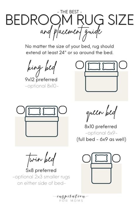 Shopping for a new bedroom rug? Let me help you with this easy bedroom rug size and placement guide. All the tips you need to pick the best rug! Rug Size For Twin Bed, Rug On Carpet Bedroom Ideas, Rug Size Guide Bedroom, Rug Placement Bedroom, What Size Rug, Bedroom Rug Placement, Bedroom Rug Size, Bedroom Guide, Rug Placement