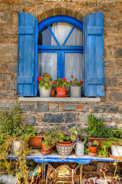 Blue Window in Crete, Greece Blue Shutters, Beautiful Windows, Old Windows, Window Shutters, Window View, Old Doors, Window Boxes, Through The Window, Unique Doors