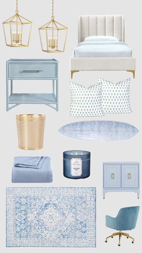 Light Blue White And Gold Bedroom, Coastal Grand Daughter Aesthetic Bedroom, Blue White And Gold Bedroom, Costal Grandma Aesthetic Room, Blue Green Room, Baylor Dorm Rooms, Coastal Preppy Bedroom, Hawaii Apartment, Blue Green Rooms