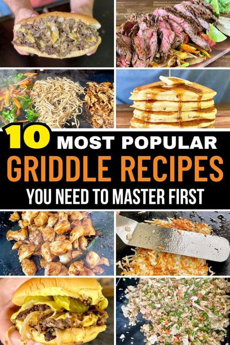 If you're looking for Blackstone griddle recipes, then you've got to check out this list of popular recipes to make on the flat top grill or griddle!  Everything from homemade pancakes from scratch to chicken noodle stir fry and authentic Philly cheesesteaks.  So many awesome breakfast and dinner ideas for the griddle! Blackstone Griddle Cooking Recipes, Cheap Griddle Meals, Blackstone Grill Recipes Beginner, Cast Iron Griddle Recipes, Gas Griddle Recipes, Top Blackstone Recipes, Griddle Top Grill Recipes, Gluten Free Blackstone Grill Recipes, Blackstone Grill Ideas