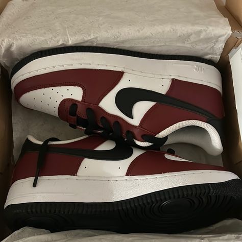 Cute Shoes Air Force, Dark Red Nike Shoes, Nike Shoes Red And Black, Maroon Nike Shoes, Dark Red Jordans, Cute Nike Shoes For Women Sneakers, Red Shoes Nike, Maroon Jordans, Red Black And White Aesthetic