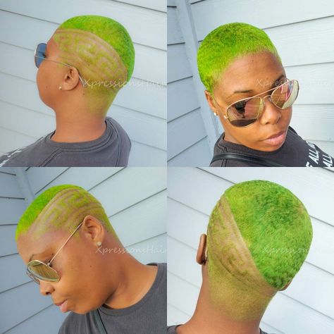 Lime green hair Shaved Natural Hair, Rihanna Haircut, Green Hairstyles, Lime Green Hair, Short Green Hair, Mermaid Goddess, Neon Green Hair, Shaved Designs, Short Hair Black