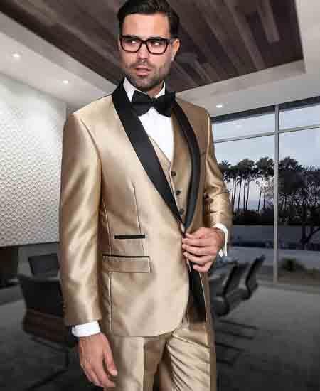 SKU#SM1727 Mens Gold And Black 3 Piece Shiny Tuxedo Shawl Lapel Modern Fit Vested Suit Mens Tux, Gold Tuxedo, Designer Tuxedo, Prom Tuxedo, Tuxedo Vest, Prom Suits, Tuxedo Suit, Tuxedo For Men, Men’s Suits