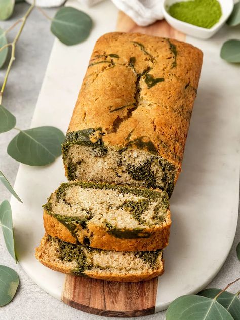 This Vegan Matcha Bread is full of swirls of vanilla & matcha cake batter for the best eggless & dairy-free loaf cake. If you're looking for an easy vegan matcha cake recipe that is so moist & easy to make then you will love this green tea cake. #matchacake #matchabread Vegan Matcha Cake Recipe, Vegan Loaf Cake, Matcha Cake Recipe, Marble Bread, Matcha Bread, Matcha Dessert Recipes, Vegan Loaf, Tea Loaf, Green Tea Cake