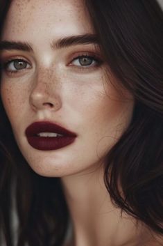 Makeup Dark Red Hair, Makeup Looks With Dark Lipstick, Wedding Makeup Dark Lipstick, Maroon Hair Makeup, Maroon Eyeshadow Looks Burgundy, Fair Skin Brown Eyes Makeup, Burgundy Eye Makeup Look, Red Dark Makeup, Vampy Eye Makeup