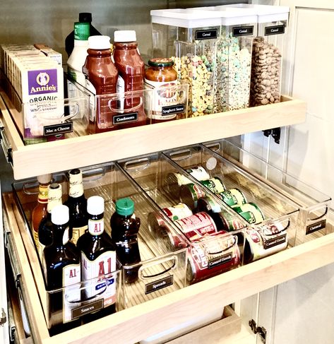 Pantry organization for pull out drawers can be tricky! Here are a few of our favorite products! Pantry Pull Out Shelves Organization, Pantry Pull Out Drawers, Fridge Organization Containers, Pull Out Pantry Shelves, Organize A Pantry, Pantry Can Organization, Organizing Your Pantry, Food Essentials, Deep Pantry