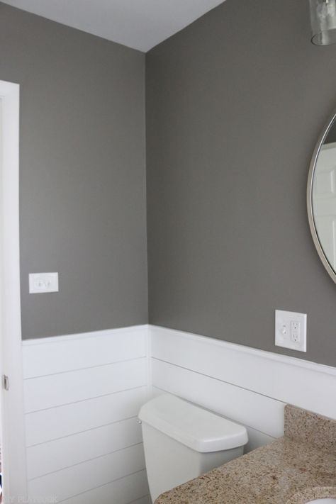 I added new lighting, shiplap, and a bold gray paint color to our bathroom space. Come see how it all turned out in this room makeover. Creek Bend Behr Paint, Gray Paint Bathroom Ideas, Gray Paint Bathroom, Basement Bathroom Ideas, Gray And White Bathroom, Bathroom Upstairs, Painted Vanity, Tropical Bathroom, Ship Lap