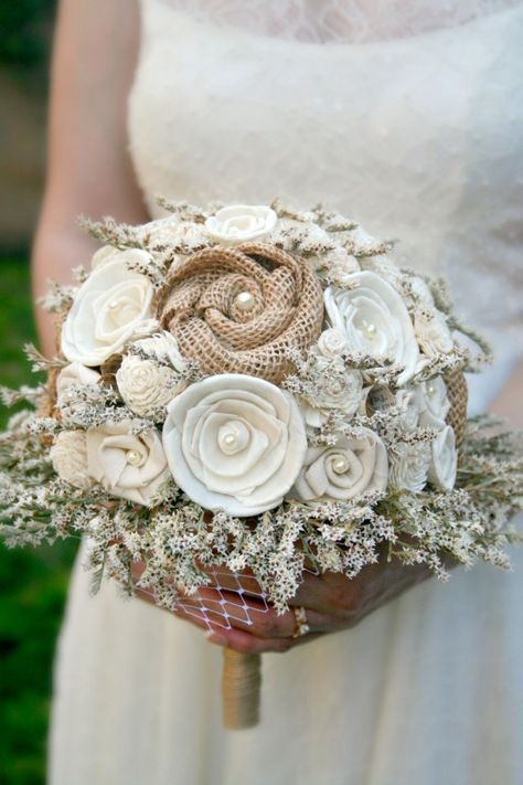 6 Sola and Fabric Bouquets You’ll Love Burlap Bouquet, Natural Bouquet, Fabric Bouquet, Simple Beach Wedding, Fabric Flower Bouquet, Burlap Flowers, Rustic Bridal, Burlap Wedding, Wood Flowers