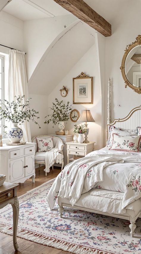 White Bedroom Ideas Vintage Bedroom Paint Ideas, White Iron Bed Frame Bedroom Antique, English Cottage Bedroom Furniture, French Cottage Master Bedrooms Decor, Swedish Aesthetic Bedroom, White Vintage Bed Frame, French Antique Bedroom Ideas, Vintage White Bedroom Ideas, French Country Small Bedroom