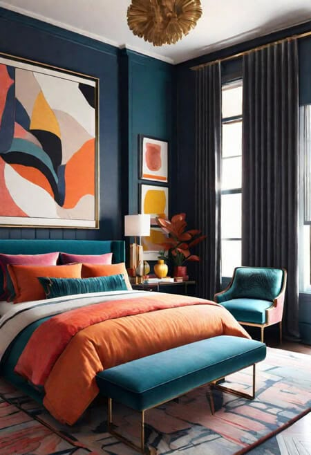 How to decorate with many colors. eclectic maximalism.  Colorful eclectic home. Colorful interiors. Colorful rugs. Colorful home decor. Colorful houses interior. Colorful room decor. Colorful room ideas. colorful dark bedroom. dark and moody bedroom. orange. navy, pink. gray, blue Color Block Home Decor, Vibrant Guest Bedroom, Color Blocking Room Ideas, Luxury Eclectic Interiors, Bedroom Blue And Orange, Colorful Walls Bedroom, Gray Blue Bedroom Ideas, Eclectic Interior Design Bedroom, Colorful Houses Interior