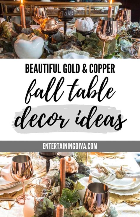 This copper table setting is beautiful! It is perfect for Thanksgiving or fall dinner parties. I love the gold flatware and the centerpiece with vines and copper candles is gorgeous. Copper Tablescape, Copper Fall, Dinner Party Table Settings, Table Centerpieces For Home, Thanksgiving Entertaining, Copper Table, Fall Dinner Party, Family Style Dinner, Fall Entertaining