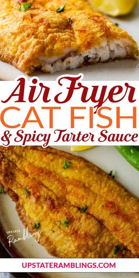 This easy air fryer catfish recipe lets you quickly fry up Cajun catfish at home. The catfish are fried with cornmeal and served with a spicy tartar sauce. This Cajun inspired dinner can be on the table in less than 30 minutes. This is a very simple recipe with minimal ingredients but lots of flavor. Catfish is a traditional food used in Cajun cooking, so in this recipe it is fried up with cornmeal and cajun seasoning... | @upstramblings #cajuncatfish #easycajuncatfish #bestairfryercatfishrecipe Air Fryer Catfish Recipes, Spicy Tartar Sauce, Air Fryer Catfish, Cajun Catfish, Healthy French Fries, Catfish Recipe, Tartar Sauce Recipe, Catfish Recipes, Cajun Cooking