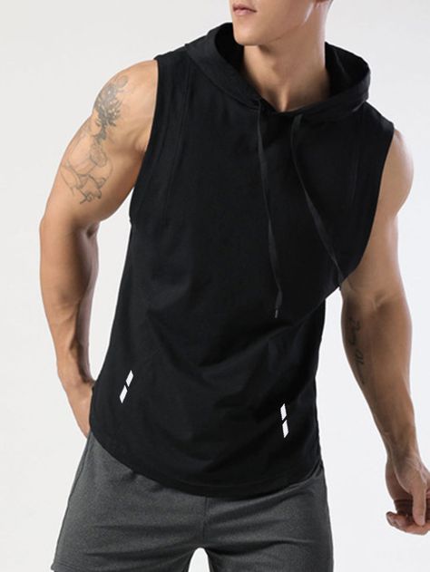 Black  Collar Sleeveless Fabric Geometric  Embellished Medium Stretch  Men Activewear Men's Activewear, Sleeveless Outfit, Hooded Vest, Casual Belt, Sport Tank Tops, Outdoor Men, Boyfriend Style, Active Hoodie, Sports Tees