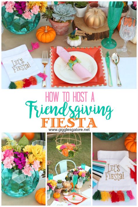 How to host a Friendsgiving fiesta this Thanksgviving! #fun365 #friendsgiving #thanksgiving #partyideas #party #gigglesgalore #gigglegaloreentertaining How To Host A Fun Thanksgiving, Mexican Theme Thanksgiving, Thanksgiving Taco Party, Friendsgiving Taco Bar, Holiday Fiesta Party, Taco Friendsgiving, Fall Fiesta Party, Mexican Thanksgiving Decorations, Large Friendsgiving