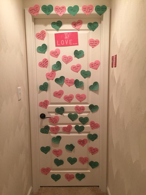 Kids Door Valentines Day, Hearts On Doors For Valentines Day, February Hearts On Door, Hearts For Kids Door, Heart Messages On Kids Doors, Valentine Hearts On Door For Kids, Valentines Hearts For Kids Door, Heart Attacking Door, Valentines Bedroom