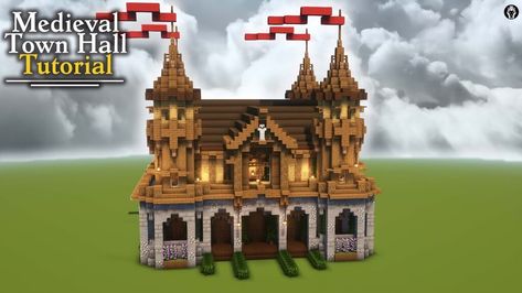 10+ Best Town Hall Designs in Minecraft - TBM | TheBestMods Minecraft Town Hall Ideas Medieval, Minecraft Town Hall Interior, Minecraft Medieval Town Hall, City Hall Minecraft, Minecraft Town Hall Ideas, Minecraft Town Hall, Minecraft Medieval Castle, Minecraft Fountain, Minecraft Town