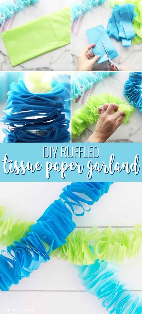 Looking for an awesome DIY Garland? Tissue Paper Garlands are all the rage, and we are obsessed with this super easy and affordable ruffled tissue garland! It is the perfect addition to any party, shower or holiday decor! Just make it in whatever colors fit your occasion! #diygarland #tissuepapergarland #tissuegarland #partydecor #tissuepapergarlanddiy #diypapergarland #diygarlandideas Tissue Garland, Tissue Paper Garlands, Diy Ruffle, Paper Garlands, Jungle Theme Birthday, Pony Birthday, Simple Birthday, Boy Stuff, Birthday Crafts