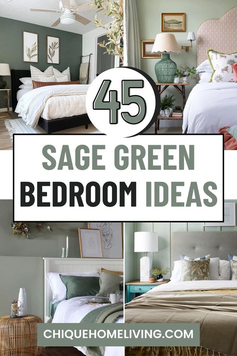 Sage Green Bedroom Walls Inspiration, Eucalyptus Green Bedroom, Safe Green Bedding Ideas, Sage Green Wall Bedroom Ideas, Shades Of Green For Bedroom, Green And Off White Bedroom, Sage Feature Wall Bedroom, Sage Cream Bedroom, Master Bedrooms Decor Sage Green