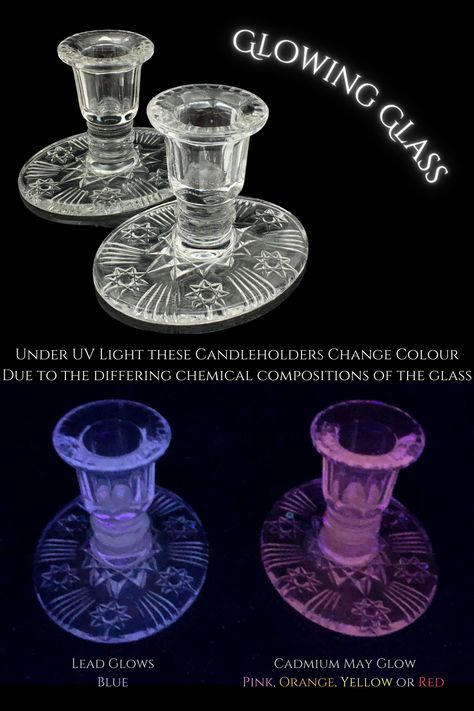 Uranium and vaseline glass, which glow bright green under UV light, are quite well known. However, other chemicals also glow under UV light, although not so vividly. This pair of candlesticks glow blue and pink due to the different chemicals in the glass. A high lead content is known to produce a blue response, whilst a pink glow may be caused by the presence of cadmium. #GlowingGlass #CadmiumGlass #LeadGlass #UVGlass Vaseline Glass Antiques, Radium Glassware, Uranium Glass Display, Uranium Glass Vintage, Glass Reference, Antique Knowledge, Vintage Glassware Antiques, Carnival Glass Vintage, Old Glass Bottles