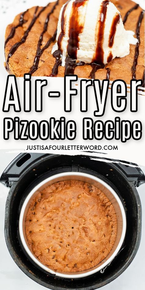 Enjoy this easy pizookie recipe without making skillet servings for everyone by making it the air fryer. This giant chocolate chip cookie is gooey, warm, and delicious. Top with vanilla ice cream, hot fudge, and your favorite toppings for a dessert that is too good to only enjoy at a restaurant! Airfryer Pizookie, Air Fryer Chocolate Chip Cookies, Pizookie Recipe, Recipes Airfryer, Small Batch Cookies, Air Fryer Recipes Dessert, Cookie Pan, Giant Chocolate Chip Cookie, Pan Cookies