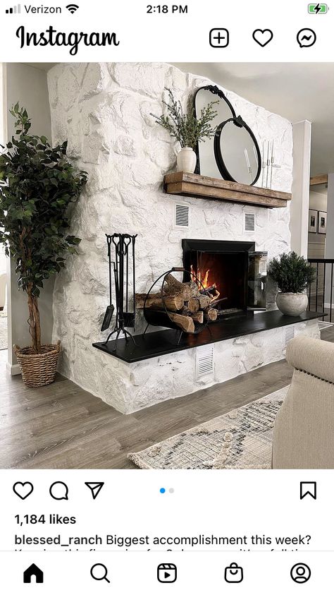 Whitewash Stone Fireplace, Stone Fireplace Decor, Stone Fireplace Makeover, Farmhouse Fireplace Decor, Fireplace Redo, Brick Fireplace Makeover, Fireplace Mantle Decor, Fireplace Mantel Decor, Fireplace Remodel