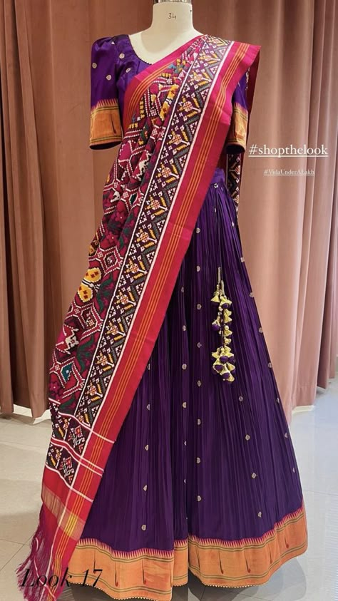 Ikkat Half Saree Designs, Lehenga Outfit, Ikkat Lehenga, Langa Voni, Lehenga Saree Design, Half Saree Lehenga, Lehenga Designs Simple, Lehenga Blouse Designs, Ethnic Wedding