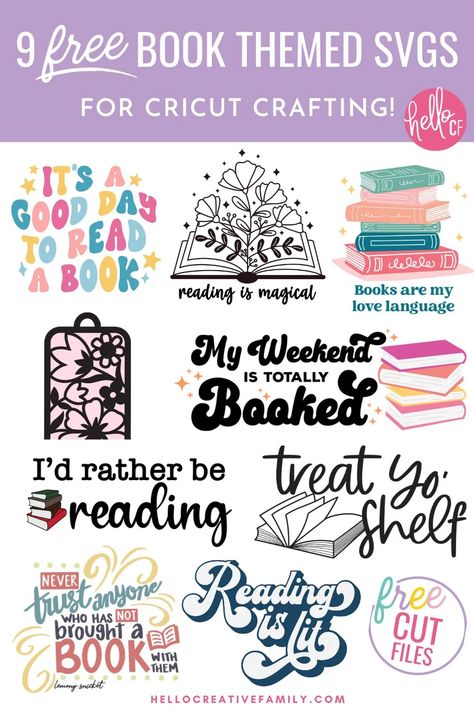 Book lovers this one is for you! If you love reading you won't want to miss these 9 free book SVG files! This collection includes book themed cut files for Cricut crafting including a Reading Is Magical Floral Book design! Use to make book bags, t-shirts, sweatshirts, stickers and so much more! Free Book Svg Files For Cricut, Reading Is Magical, Library Book Bag, Book Svg, Kindle Stickers, Book Reading Journal, Book Stickers, Magical Book, Book Bags