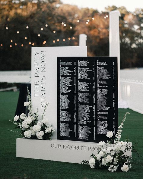 Coordinating welcome sign + seating chart… yes, please! ✨Cheers to Brittany and Matt ✨ last pic because the lighting was just too good!!!… | Instagram Wedding Welcome And Seating Sign, Wedding Welcome Sign And Seating Chart, Black Seating Chart Wedding, White And Black Wedding Theme, Wedding Seating Plan, Seating Chart, Wedding Archway, Seating Sign, Seating Plan Wedding