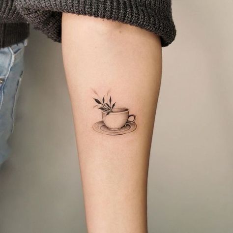 Small Tea Cup Tattoo, Coffee Cup Tattoo Design, Tea Tattoo Minimalist, Fine Line Coffee Tattoo, Boba Tea Tattoo, Tea Mug Tattoo, Tea And Toast Tattoo, Coffee Cup With Flowers Tattoo, Fine Line Coffee Cup Tattoo