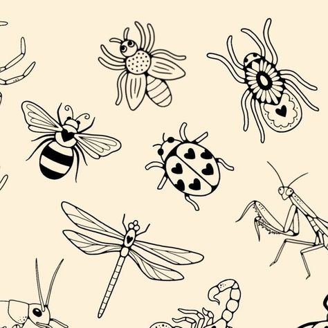 laura on Instagram: "bug flash 🐜🕷️🐞🪲  I’ve decided to do two separate bug flash sheets as I had too many ideas and then you lovely lot gave me loads more ideas when I asked on my stories 😅 so keep your eyes pealed for the second sheet soon to come too!  all available for handpoke, in black or colour. swipe along for colour samples!  message or use my booking form to enquire. I always do deals when you book more than one design in a session. weekends and evenings available too :)  @harmlesstattoo Braintree, Essex  #bugtattoo #insecttattoo #flashsheet #handpokeflash #essextattoo #hertfordshiretattoo #essex #suffolktattoo #colourtattoo #handpoke #spidertattoo" Ladybug Flash Tattoo, Love Bug Drawing, Bug Doodles, Tattoos Masculinas, Bugs Drawing, Bug Design, Colour Samples, Flash Sheets, Bug Tattoo