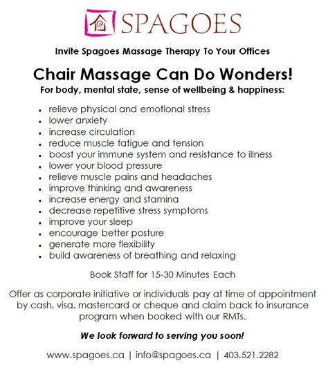 Chair Massage Benefits Are Undeniable Book with our 2200 hour RMTs. We come to you - show staff the importance of using massage benefits - make it easy by bringing it to the office - wow clients by bringing us to an event too. No additional booking fees EVER. No travel fee within Calgary, small fee per staff for outlying areas. www.spagoes.ca  info@spagoes.ca  403-521-2282 Chair Massage Event Ideas, Chair Massage Marketing, Chair Massage Booth Set Up, Chair Massage Benefits, Parlor Ideas, Massage Therapy School, Massage Ideas, Therapy Rooms, Massage Marketing