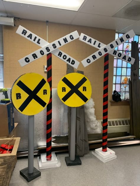 Train Parade Float, Diy Railroad Crossing Sign, Train Ticket Booth, Train Station Decor, Wonder Junction Vbs 2025 Decorations, Train Party Ideas, Diy Polar Express Decorations, Train Decorations, Train Depot Decor