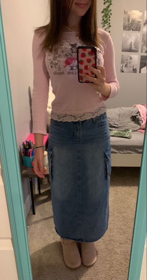 maxi jean skirt, pink y2k top, and pink coquette uggs Coquette Maxi Skirt, Pink Maxi Skirt Outfit, Pink Y2k Top, Long Jean Skirt Outfits, Skirt Over Jeans, Long Denim Skirt Outfit, Maxi Jean Skirt, Bow Jeans, Outfit Coquette