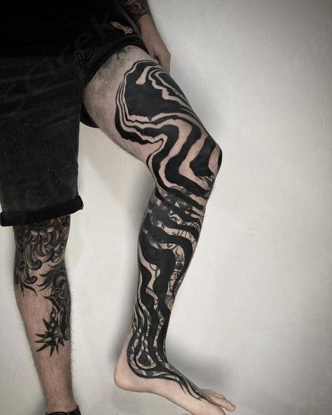 Blast Over Tattoo Black, Blackout Legs Tattoo, Leg Blackout Tattoo, Black Out Leg Tattoo, Black Out Tattoo Designs, Blackwork Tattoo Coverup, Blastover Tattoo, Wavy Tattoo, Negative Tattoo