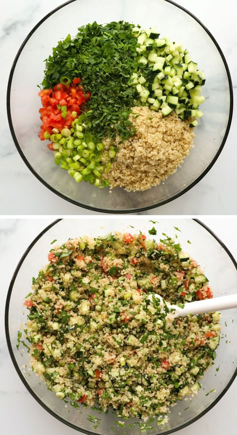 Quinoa Tabbouleh is a delicious gluten-free alternative to the traditional version. Made with fresh parsley and chopped veggies, you can whip it up in no time! Quinoa Tabouli, Quinoa Tabouleh, Tabbouleh Recipe, Salad Jar Recipe, Quinoa Tabbouleh, Chopped Veggies, Making Quinoa, Tabbouleh Salad, Lebanese Cuisine